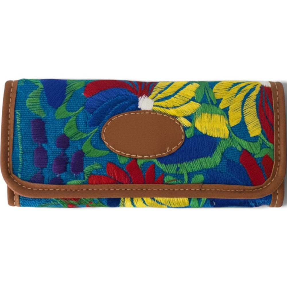 Floral Embroidered Canvas Tri-Fold Wallet Blue Boho Multi Color ID Window Pocket